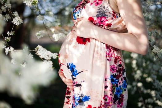 Beautiful pregnant woman relaxing outside in the Orchard