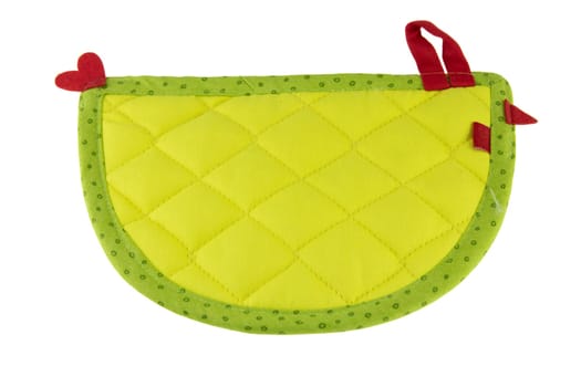 Kitchen textiles. Colorful pot holder with red heart for hot things in kitchen isolated on white. Front site.