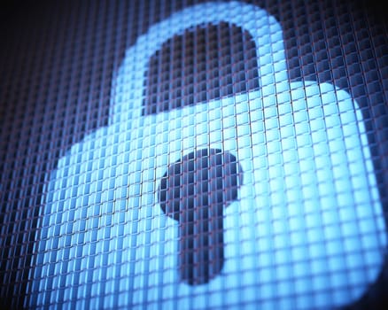 Closed digital padlock in concept of digital security. Enlarged image on led screen with apparent pixels.