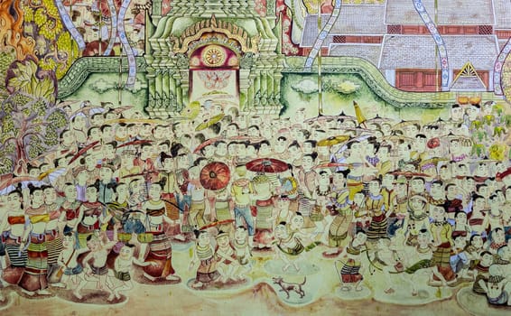 Thai Lanna style mural painting on temple wall in Chiang Mai, Thailand.