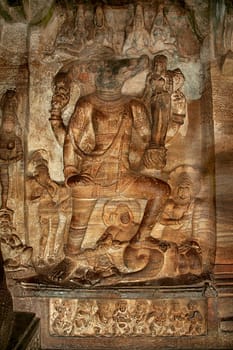 Bas relief wall sculpture depicting episode of Varaha lifting Bhudevi at Cave Temple in Badami, Karnataka, India, Asia