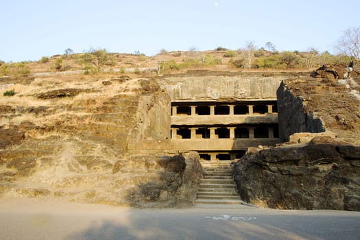View of storied cave temple on hill at Ellora in Maharashtra, India, Asia