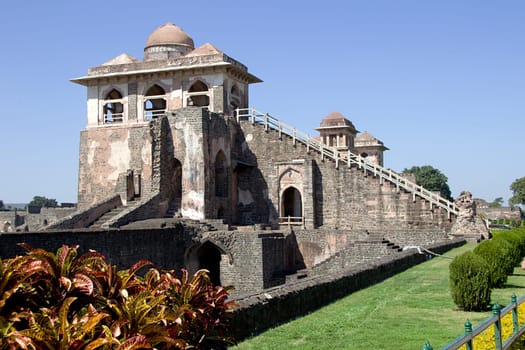 Closer view of Jahaz Mahal, or Ship Palace at Mandu, Madhya Pradesh, India, Asia