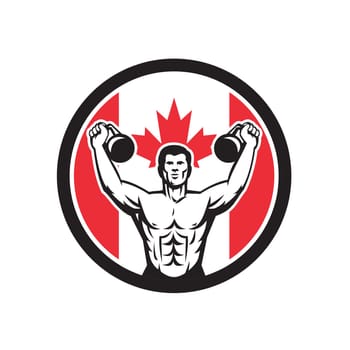Icon retro style illustration of a Canadian physical fitness buff training with kettlebell and Canada maple leaf flag set inside circle on isolated background.