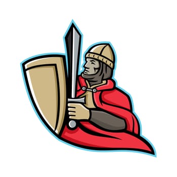 Mascot icon illustration of a medieval king or knight wielding a sword and shield from waist up viewed from side on isolated background in retro style.
