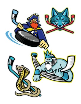 Mascot icon illustration set of ice hockey sports mascots such as Swashbuckler or Pirate, Gray Wolf or coyote, Poseidon or Neptune and a king cobra or hamadryad on isolated background in retro style.