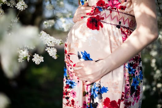 Spring, Young beautiful pregnant woman in the Orchard