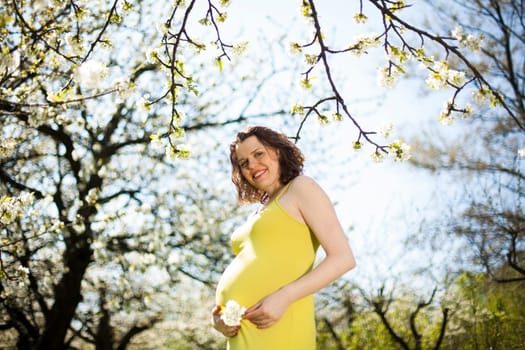 Blooming garden, Beautiful pregnant woman