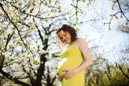 Beautiful pregnant woman relaxing outside in the Orchard