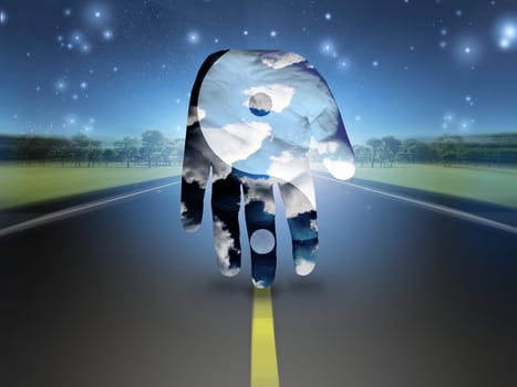 Human hand with Yin Yang sign. Road in rural landscape