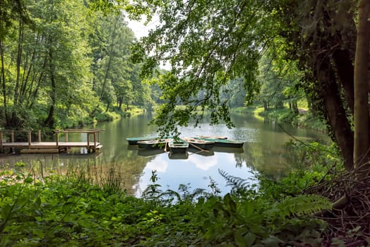 Rowing boats on a mountain lake with a wooden jetty in a wooded valley
