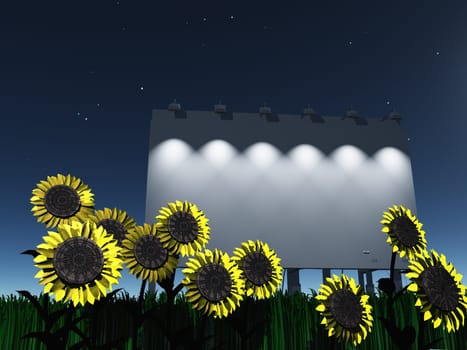 Night roadside billboard with sunflowers
