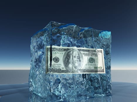 One hundred dollar bill frozen in ice cube