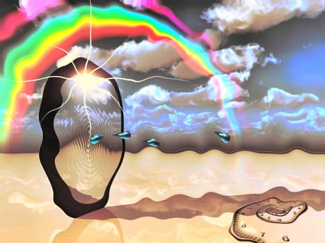 Surreal painting. Mystic gate in the desert. Water drops and stiral of time. Rainbow in the cloudy sky.