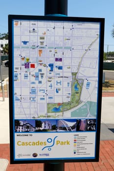 Tallahassee, FL, USA - May 13, 2018: Cascades Park and downtown directional map. Cascades Park map and downtown Tallahassee major landmarks. Helpful guide map to popular downtown places and buildings