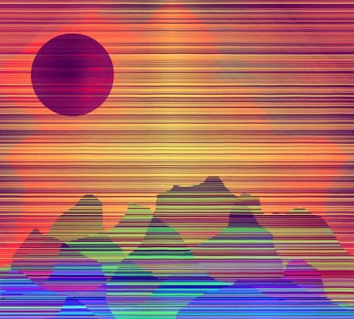 Modern painting. Red sunset over mountain.