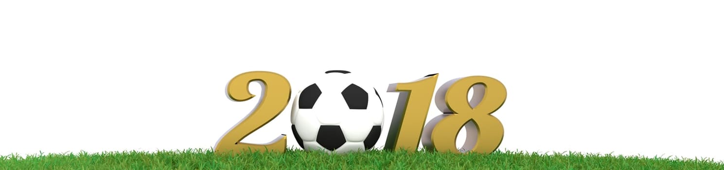 Soccer ball with golden 2018 on grass panorama background , 3d rendering