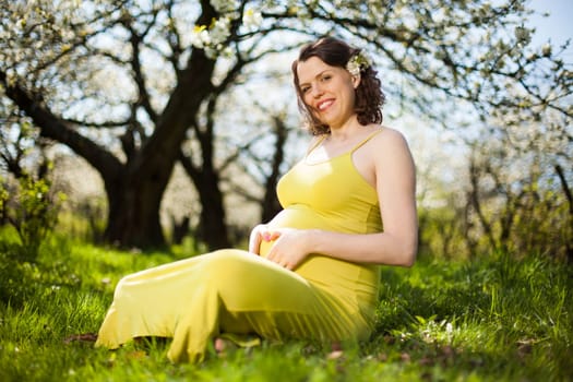 Beautiful pregnant woman relaxing outside in the Orchard