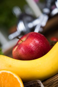 Diet and fitness, dumbbell with vitamin