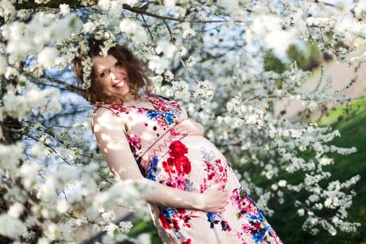 Spring, Young beautiful pregnant woman in the Orchard