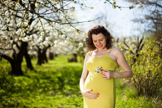 Spring, Young beautiful pregnant woman in the Orchard
