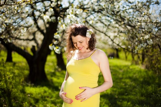 Spring, Young beautiful pregnant woman in the Orchard