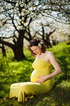 Beautiful pregnant woman relaxing outside in the Orchard