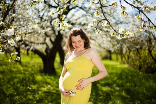 Blooming garden, Beautiful pregnant woman