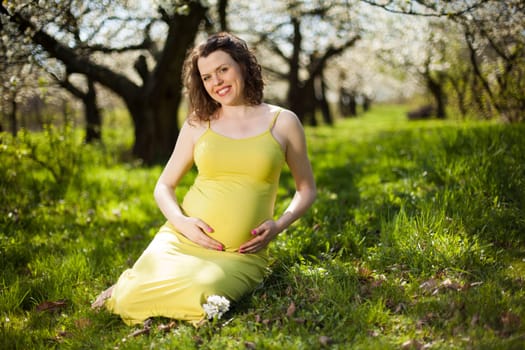 Spring, Young beautiful pregnant woman in the Orchard