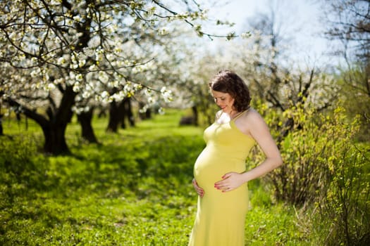 Beautiful pregnant woman relaxing outside in the Orchard