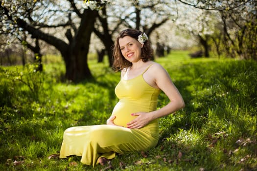 Spring, Young beautiful pregnant woman in the Orchard