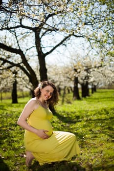 Beautiful pregnant woman relaxing outside in the Orchard
