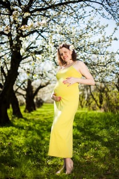 Beautiful pregnant woman relaxing outside in the Orchard
