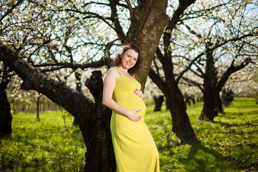 Spring, Young beautiful pregnant woman in the Orchard