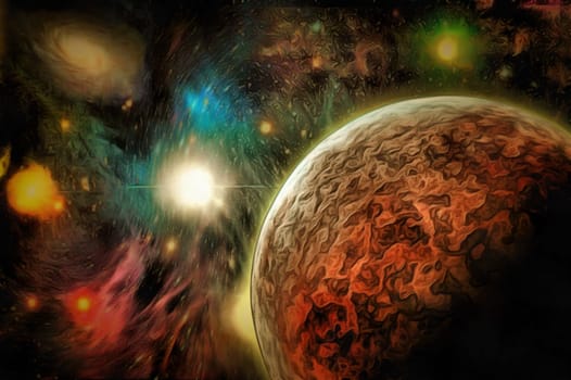 Illustration. Mystic planet in vivid universe.