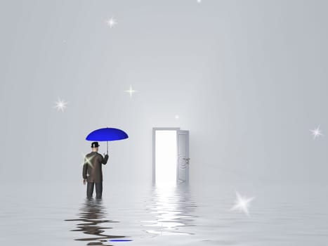 Man with blue umbrella stands in water in pure white room with open door.