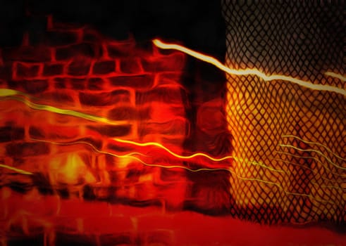 Modern art. Brick wall, city lights in the night.