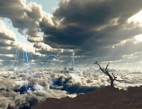 Lightning on a sunrise. Bird on a dry branch.