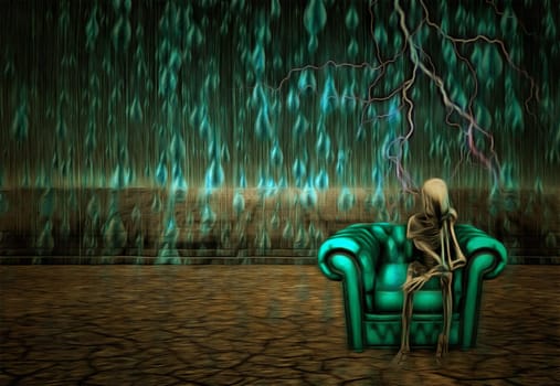 Surreal painting. Alien's skeleton sits on a armchair in pose of thinker. Rain fals down on arid land.