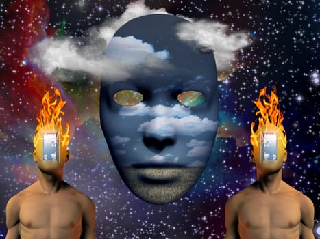 Surreal painting. Mask with image of clouds and field. Burning man's head with open door to another world instead of face.
