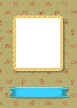 Funny greeting card. Cartoon brown dogs Chow-chow. Yellow frame for custom photo. Blue banner for custom text. Brown background