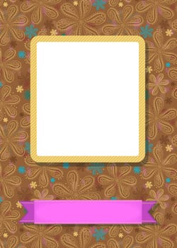 Graceful greeting card. Geometric floral pattern. Yellow frame for custom photo. Pink banner for custom text. Brown background