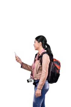 Images of asian traveler woman with backpack holding mobile phone isolated over white background