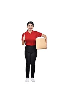 Beautiful asian delivery woman with package showing thumb up posing isolated over white background