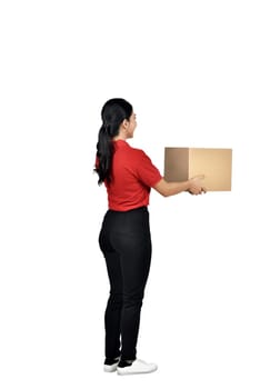Young asian female courier deliver the package isolated over white background