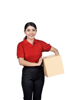 Beautiful asian delivery woman holding cardboard box isolated over white background