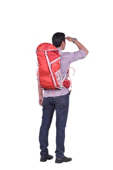 Rear view of asian backpacker man looking at view posing isolated over white background
