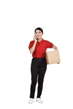 Portrait of asian courier woman with phone and package isolated over white background