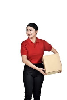 Beautiful asian female delivery with cardboard boxes standing isolated over white background
