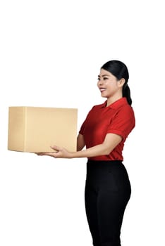 Images of asian female courier with cardboard boxes posing isolated over white background